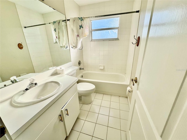 full bathroom with toilet, vanity, tile patterned floors, and shower / bathtub combination with curtain