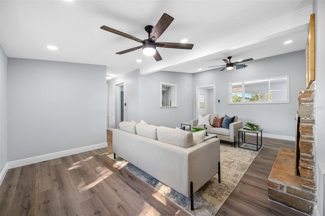 living room with ceiling fan and wood-type flooring