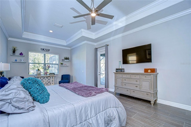 bedroom with ceiling fan, wood-type flooring, and ornamental molding