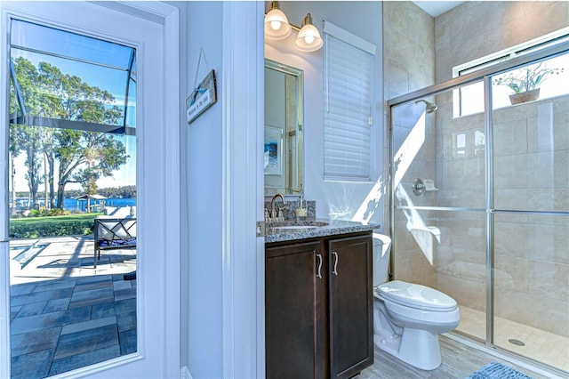 bathroom with walk in shower, vanity, and toilet