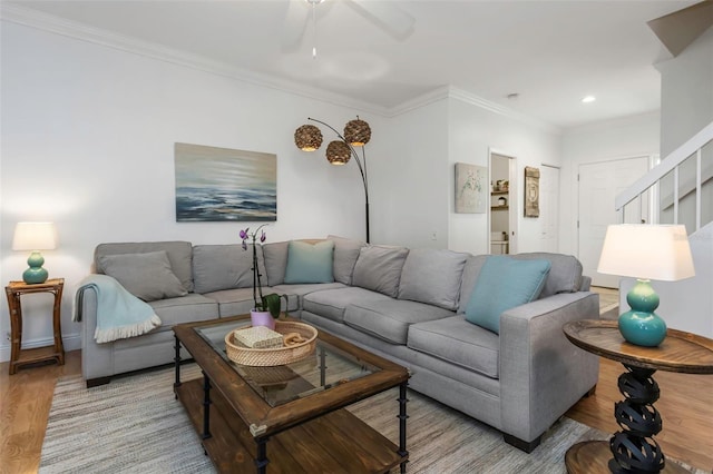 living room featuring ceiling fan, ornamental molding, and light hardwood / wood-style flooring