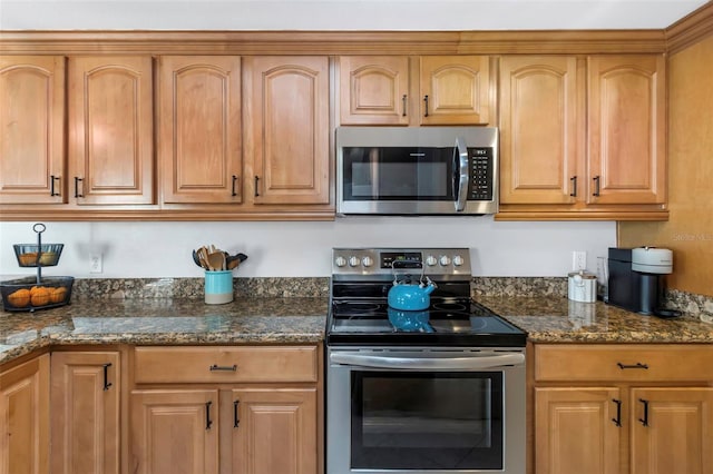 kitchen featuring appliances with stainless steel finishes and dark stone counters