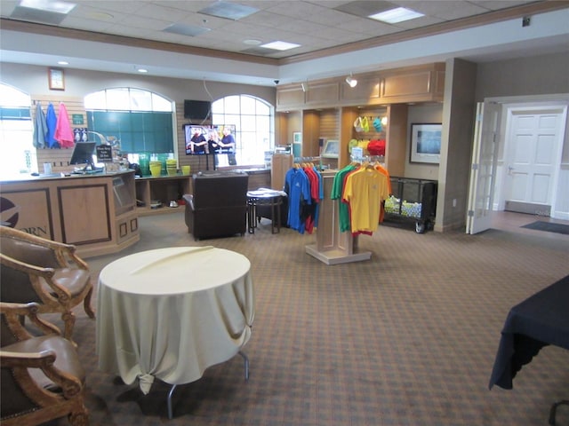 interior space featuring a drop ceiling and carpet