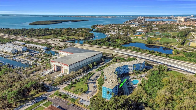 birds eye view of property featuring a water view