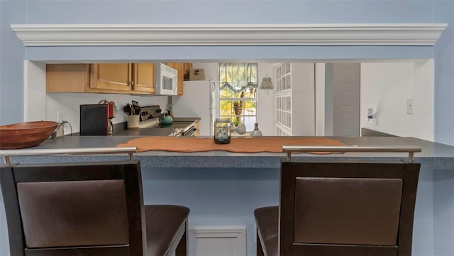 kitchen with white appliances and a peninsula