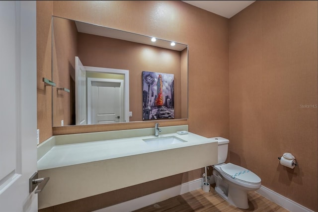 bathroom featuring vanity, wood-type flooring, and toilet