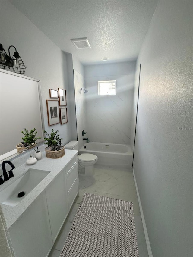 bathroom featuring bathing tub / shower combination, visible vents, toilet, a textured ceiling, and vanity