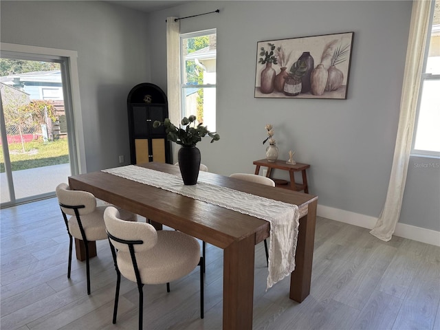 dining space featuring light wood-type flooring and baseboards