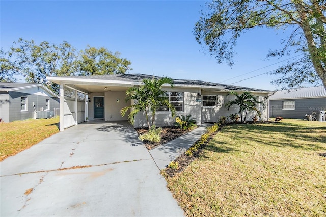 ranch-style house with a front yard and a carport