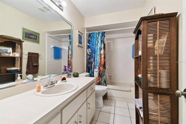 full bathroom with tile patterned floors, vanity, a textured ceiling, shower / bathtub combination with curtain, and toilet