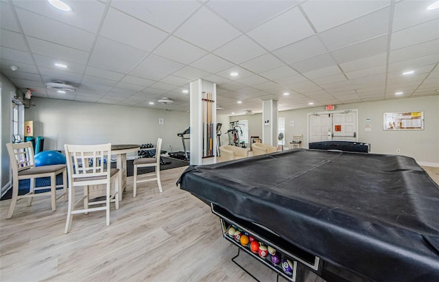 game room with a paneled ceiling, light hardwood / wood-style flooring, and pool table