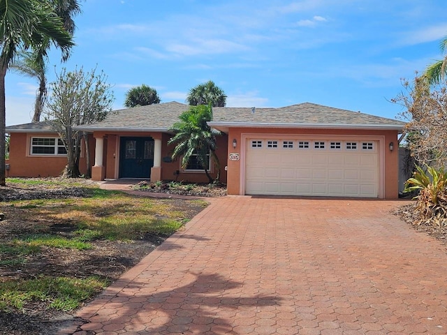 1285 79th St S, Saint Petersburg, FL 33707 - ranch-style house with stucco siding, decorative driveway, and a garage