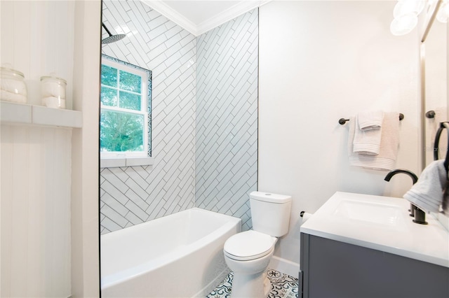 full bathroom featuring tiled shower / bath combo, tile patterned floors, crown molding, toilet, and vanity