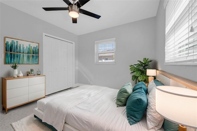 bedroom featuring ceiling fan and a closet