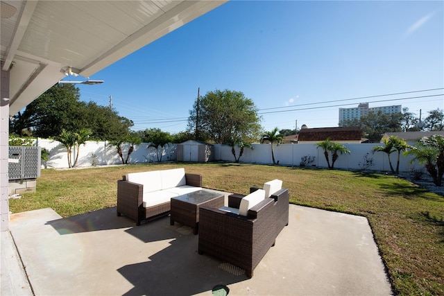 view of patio featuring a storage unit