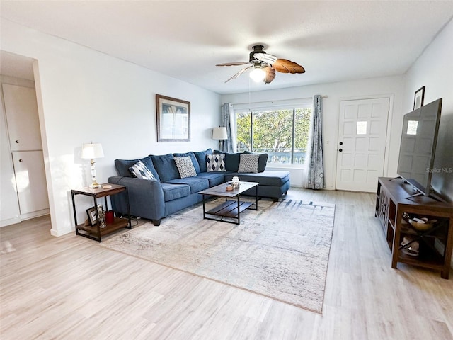 living room featuring ceiling fan and light wood-style floors