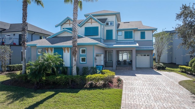 view of front of home with a garage and a front lawn