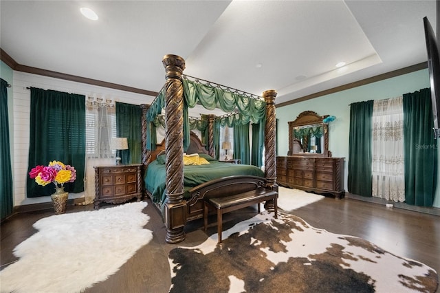 bedroom featuring a tray ceiling, dark hardwood / wood-style flooring, and multiple windows