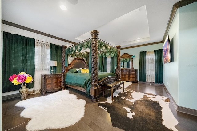 bedroom featuring a tray ceiling and dark hardwood / wood-style floors