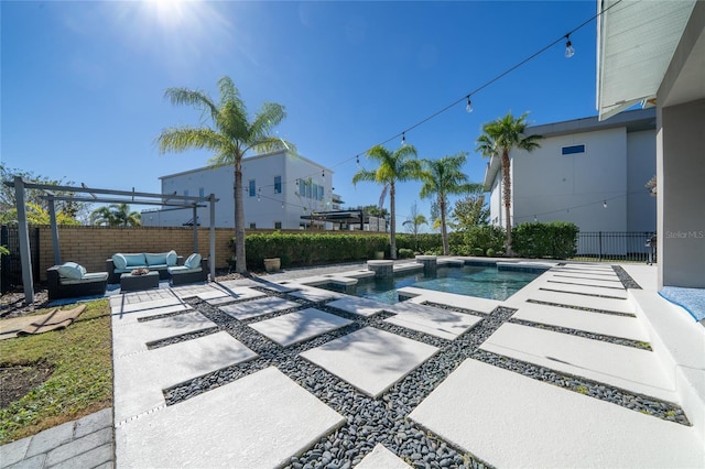 view of pool featuring an outdoor hangout area, a pergola, and a patio