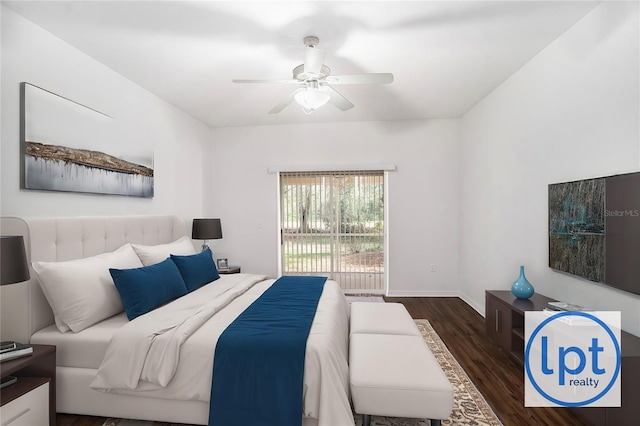 bedroom with ceiling fan and dark hardwood / wood-style floors