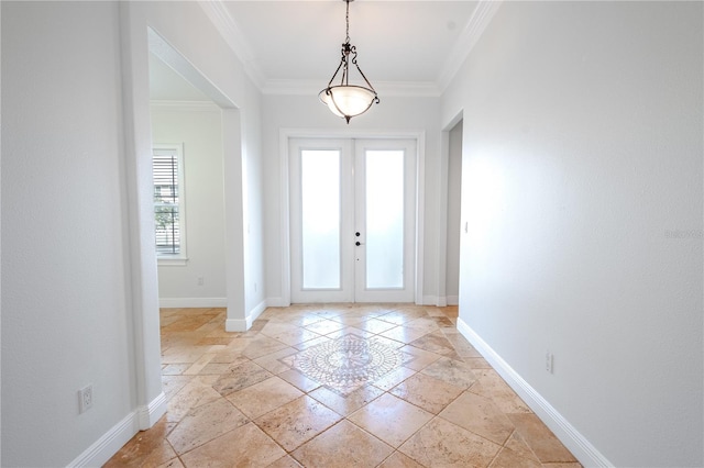 foyer with french doors and ornamental molding