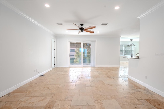 spare room with ceiling fan, sink, and ornamental molding