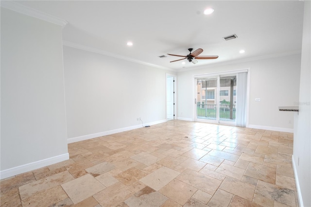 unfurnished room with ceiling fan and ornamental molding