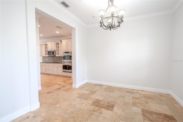 unfurnished dining area with a chandelier and crown molding