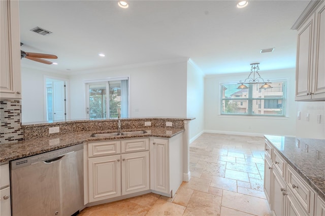 kitchen with dishwasher, sink, white cabinetry, and light stone counters