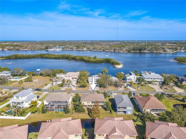 aerial view featuring a water view