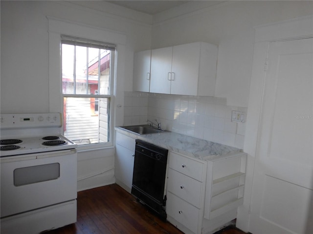 kitchen with dishwasher, white cabinetry, white electric range oven, and sink