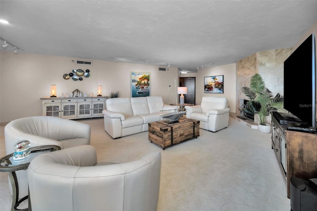 living room with rail lighting and light carpet