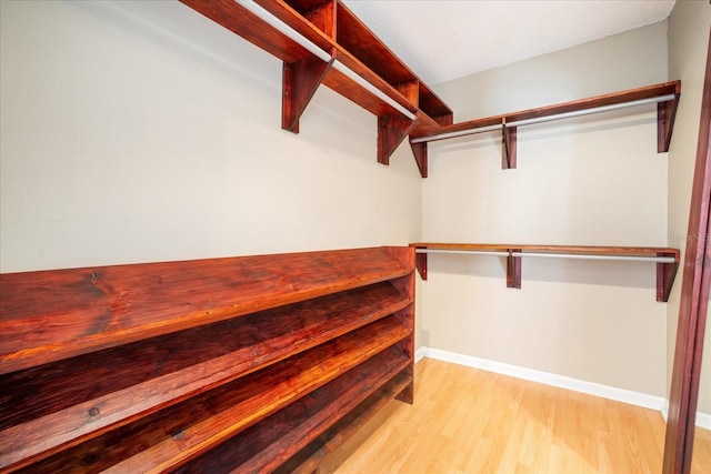 walk in closet with light hardwood / wood-style flooring