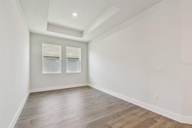 spare room with a tray ceiling and light hardwood / wood-style floors