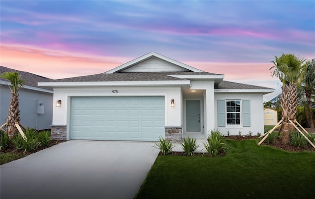 475 Winwood Ct, Port Charlotte, FL 33954 - single story home featuring driveway, an attached garage, a front yard, a shingled roof, and stone siding