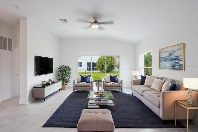 475 Winwood Ct, Port Charlotte, FL 33954 - living room featuring vaulted ceiling, ceiling fan, and light tile patterned floors