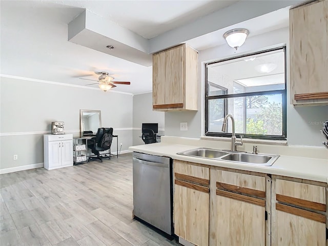 kitchen featuring dishwasher, sink, light hardwood / wood-style flooring, light brown cabinetry, and ornamental molding