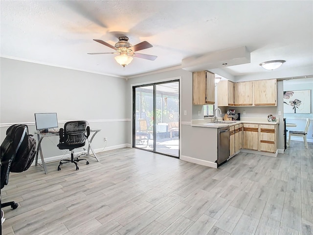 kitchen featuring light brown cabinets, crown molding, light hardwood / wood-style flooring, stainless steel dishwasher, and ceiling fan