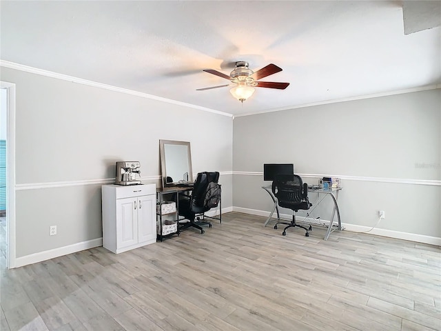 office area featuring ceiling fan, crown molding, and light hardwood / wood-style flooring