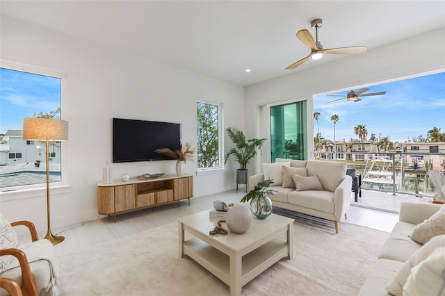 living room featuring a healthy amount of sunlight and light hardwood / wood-style flooring