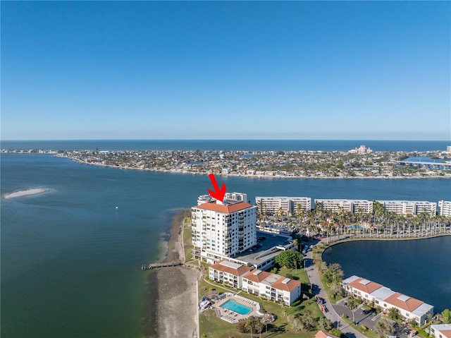 birds eye view of property featuring a water view