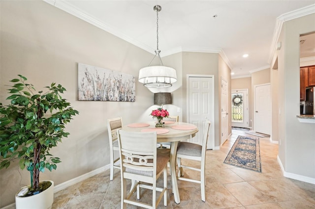 tiled dining space with crown molding