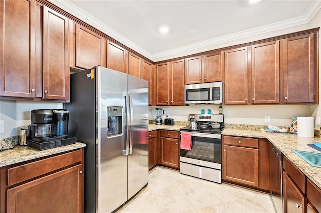 kitchen featuring light stone counters, crown molding, and stainless steel appliances