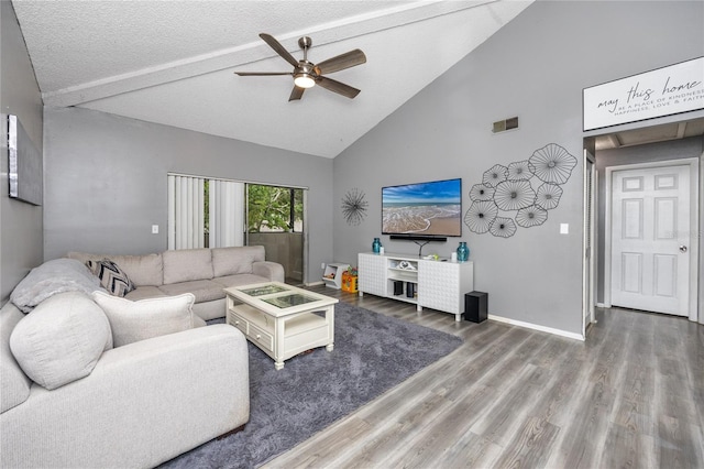 living room with beam ceiling, ceiling fan, high vaulted ceiling, hardwood / wood-style floors, and a textured ceiling