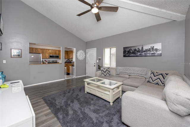 living room featuring beam ceiling, ceiling fan, high vaulted ceiling, dark hardwood / wood-style floors, and a textured ceiling