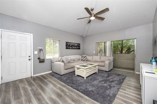 living room featuring hardwood / wood-style floors, ceiling fan, and a textured ceiling