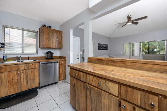 kitchen featuring wood counters, stainless steel dishwasher, a healthy amount of sunlight, and sink