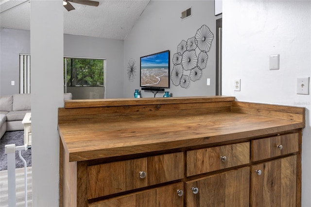 bar featuring vaulted ceiling, ceiling fan, wooden counters, and a textured ceiling