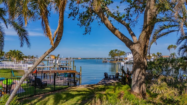 dock area featuring a yard and a water view